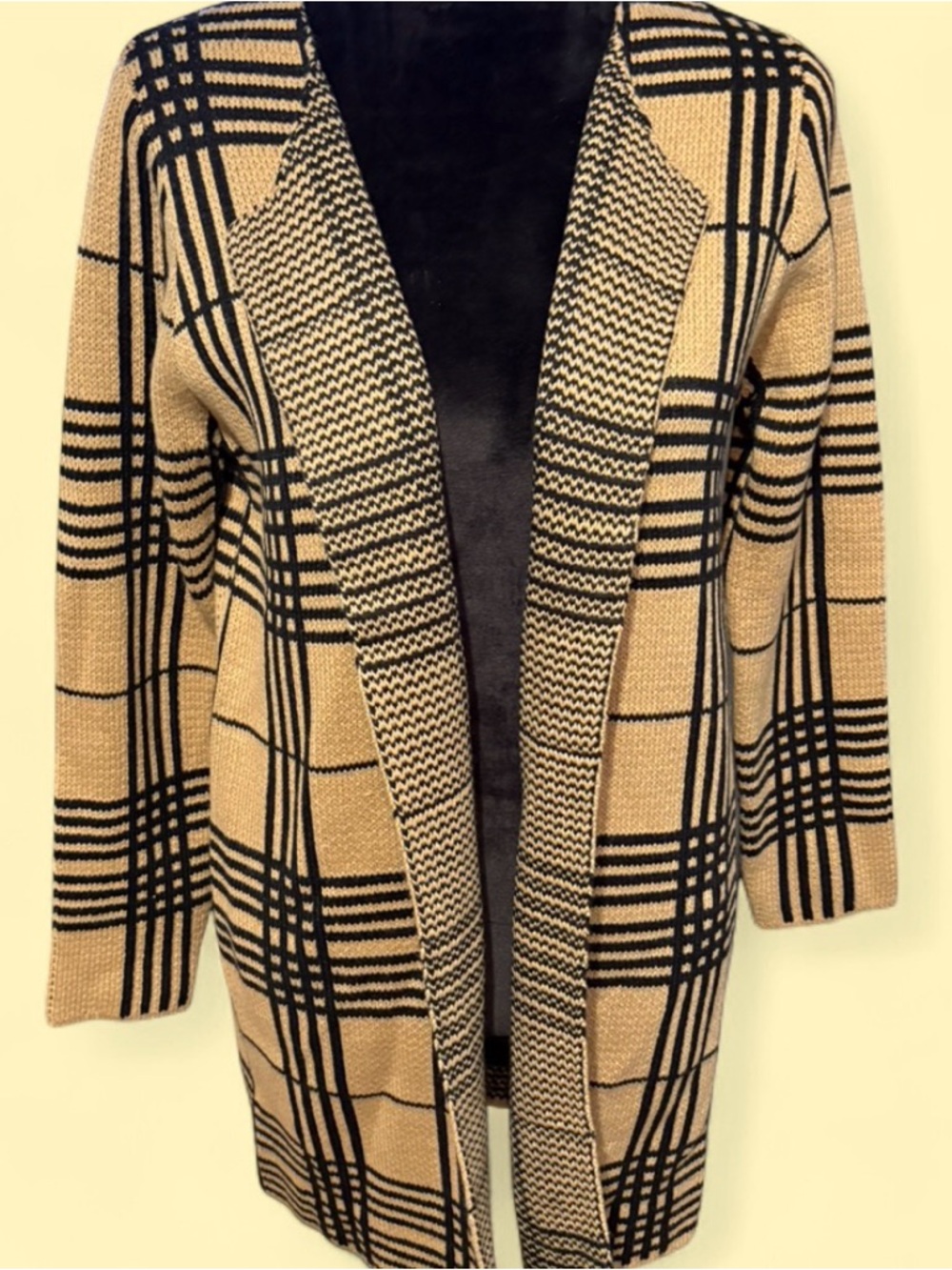lola Camel & Black Plaid Open-Front Long Cardigan